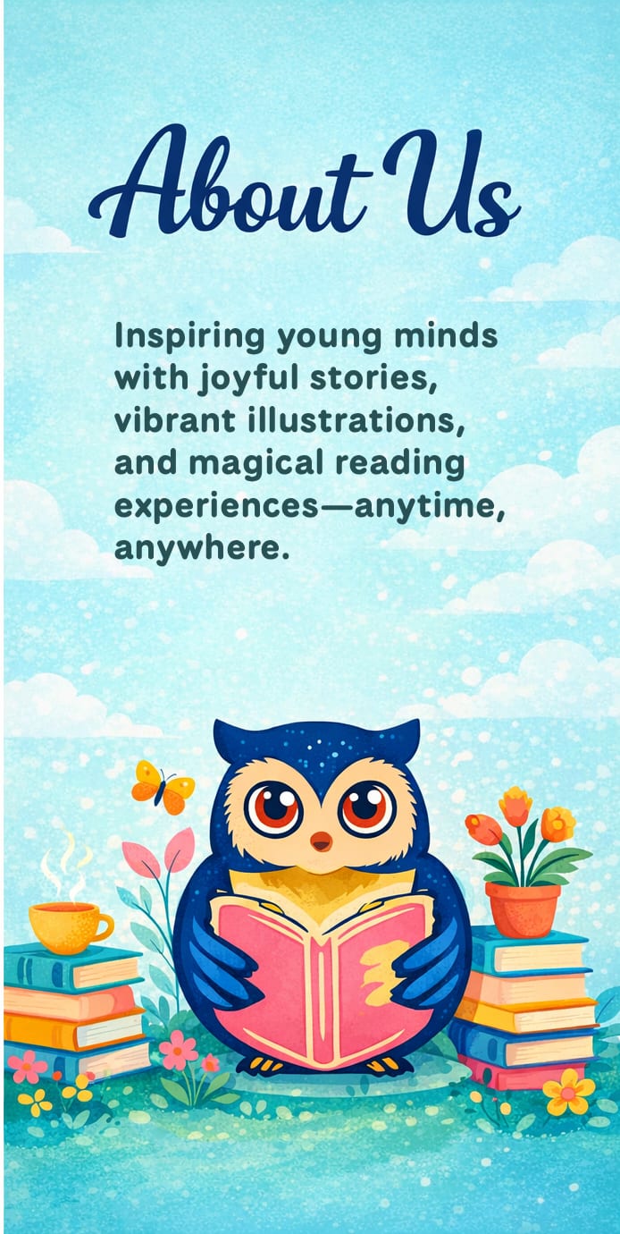 A colorful narrow children’s illustration for Night Sky Owl showing a blue owl reading a digital children’s book