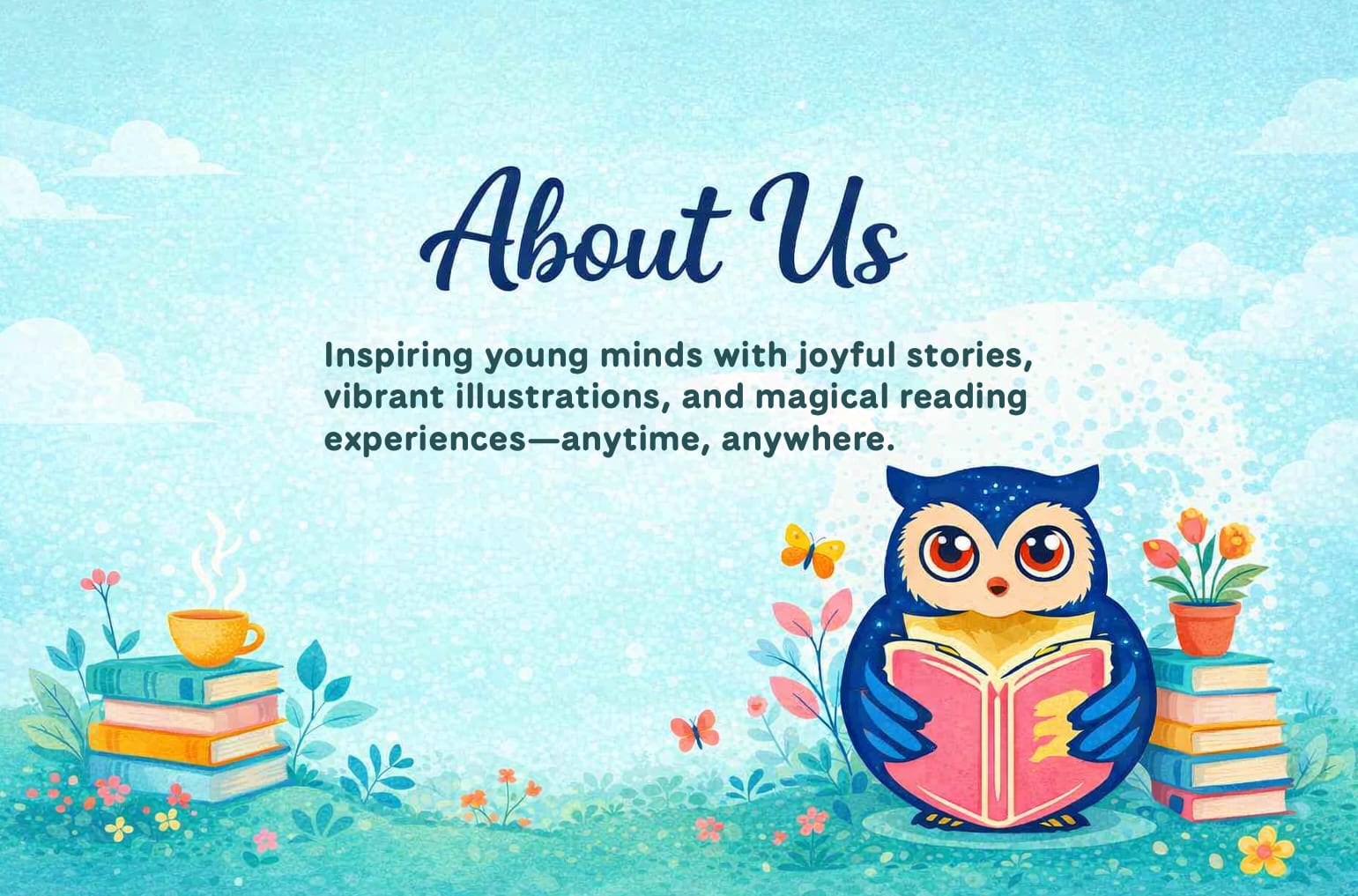 A colorful wide children’s illustration for Night Sky Owl showing a blue owl reading a digital children’s book